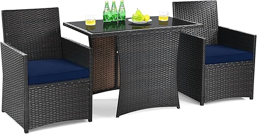 3-Piece Patio Dining Set with Cushions and Glass Top