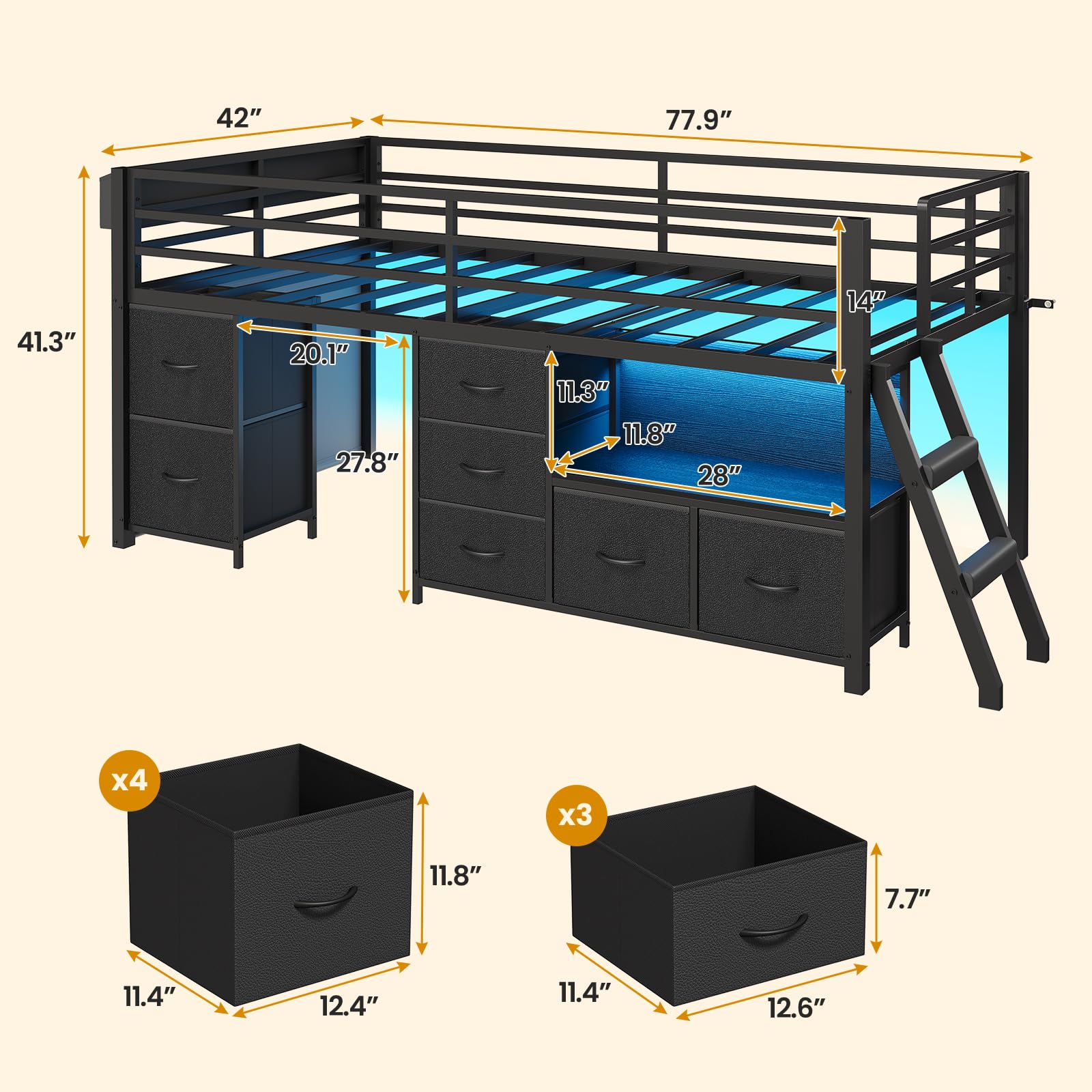 ADORNEVE Low Loft Bed Twin Size with 7 Storage Drawers, Bookcase and LED Lights, Metal Kids Loft Bed with 14" H Safety Guardrail,Inclined Ladder and Play Curtain, Under-Bed Play Space, Black