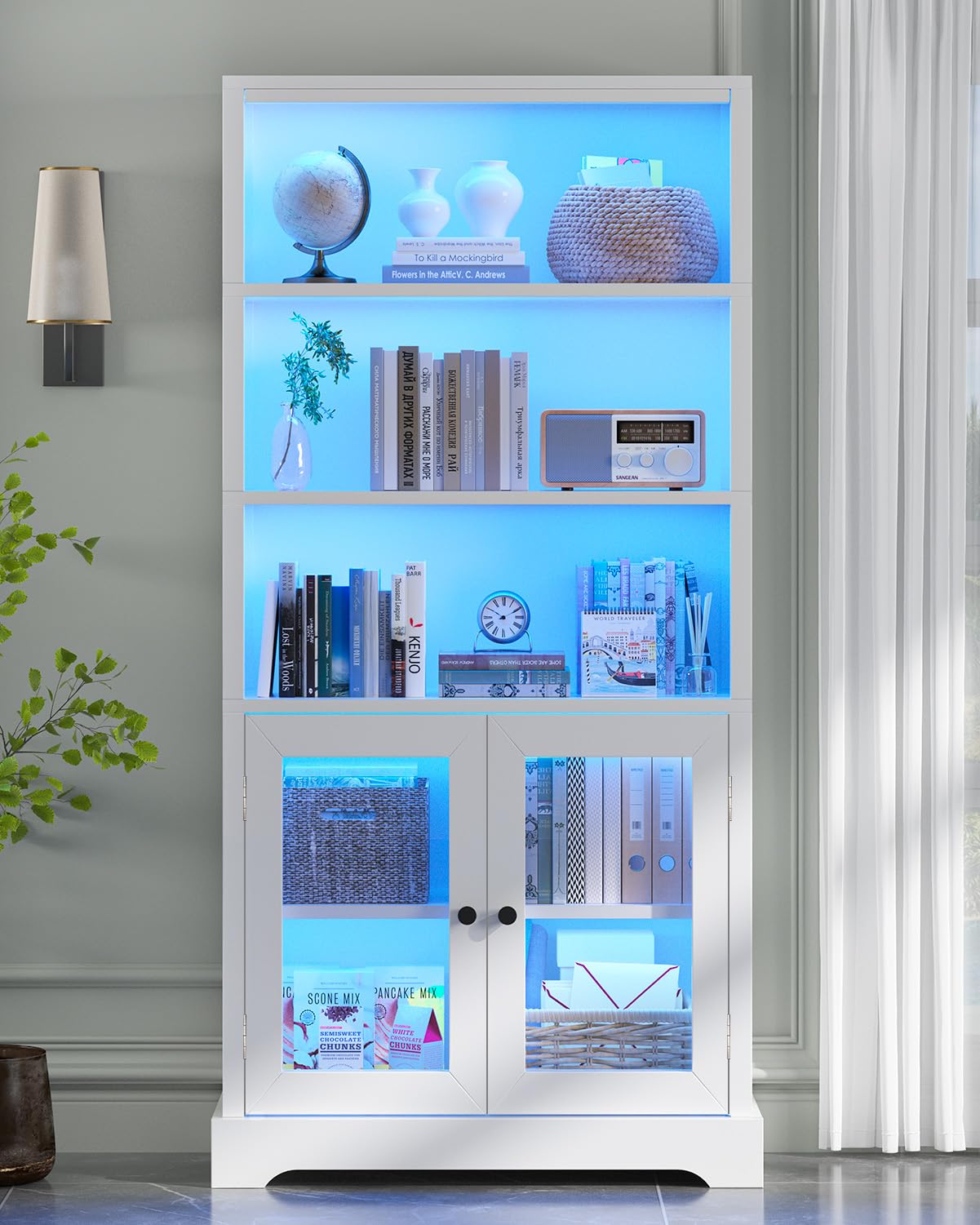 5-Tier Bookshelf with Multi-Color Ambient Lights and Cabinet Doors