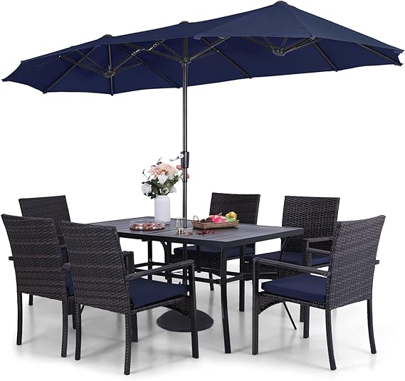 Sophia & William Patio Outdoor Table and Chairs Set with Umbrella Orange Red, Patio Dining Sets for 6, 7 Pieces Patio Table Set for Backyard Deck Porch Outside, Metal Table Rattan Chairs