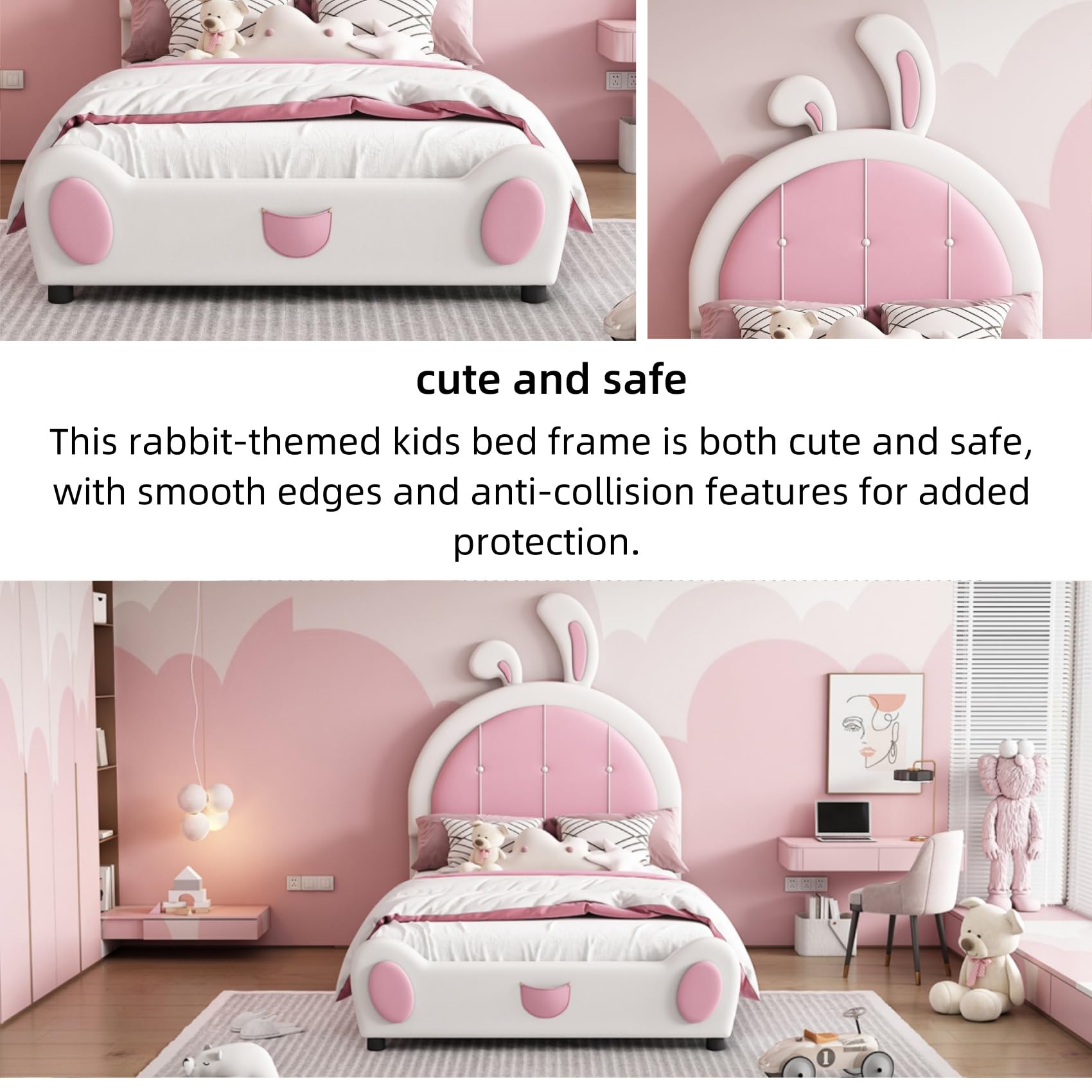 Twin Platform Bed Frame with Rabbit Shaped Upholstered Headboard
