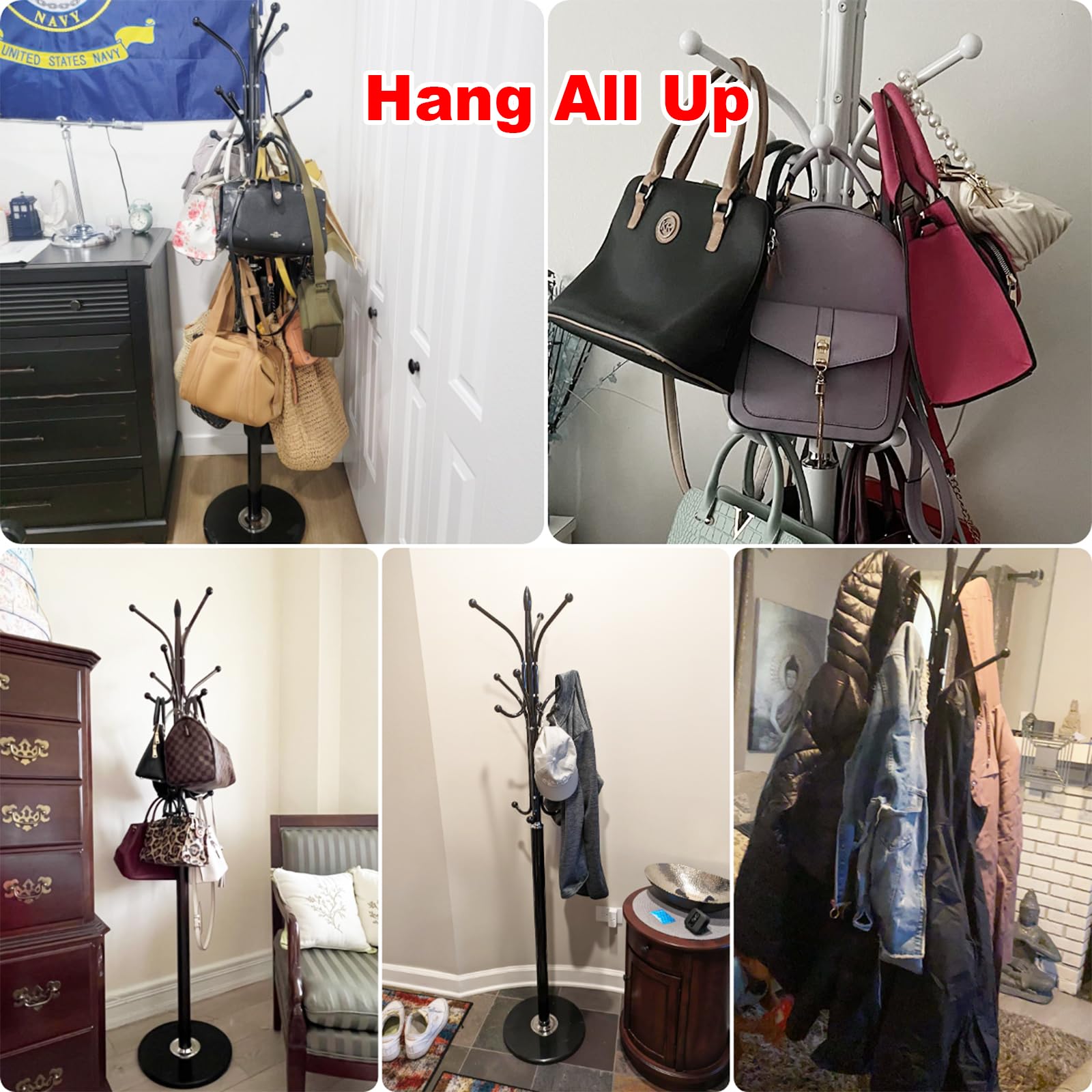 Metal Coat Rack Stand with Marble Base and 12 Hooks