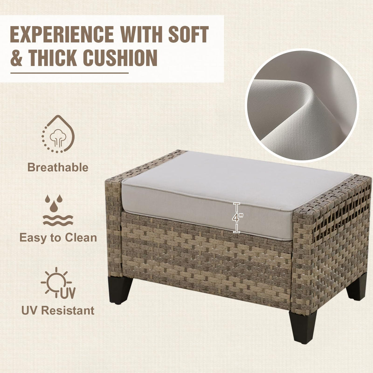 2 Pieces Outdoor Wicker Patio Footstools with Removable Cushions