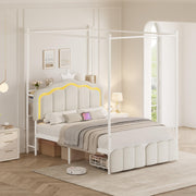 Full Velvet Upholstered LED Canopy Bed Frame with 2 Storage Drawers and Charging Station, Crown Headboard with Bookshelf, Two-Use Princess Platform Bed with 4 Removable Posts,Metal Slats Support-Beige
