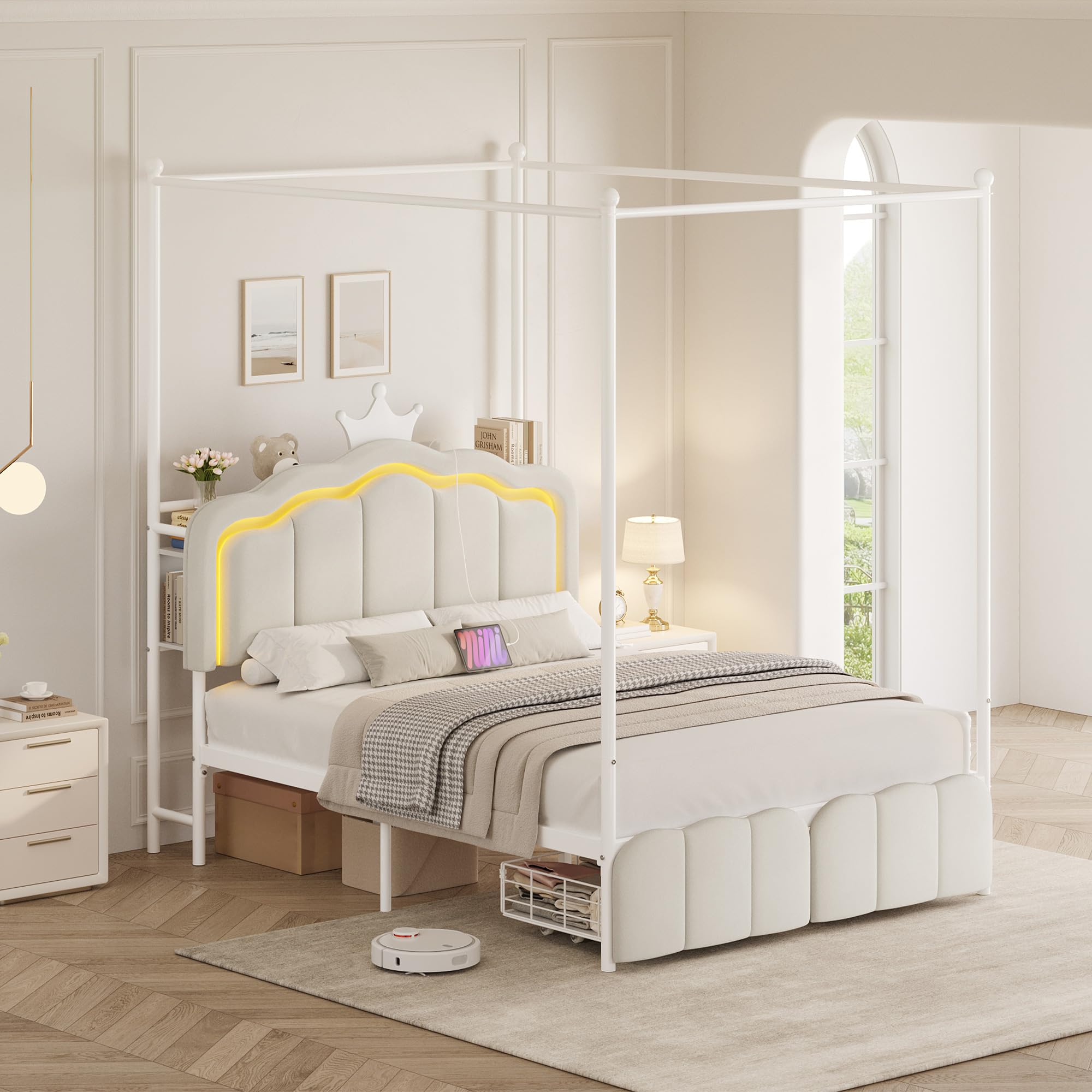 Full Velvet Upholstered LED Canopy Bed Frame with 2 Storage Drawers and Charging Station, Crown Headboard with Bookshelf, Two-Use Princess Platform Bed with 4 Removable Posts,Metal Slats Support-Beige