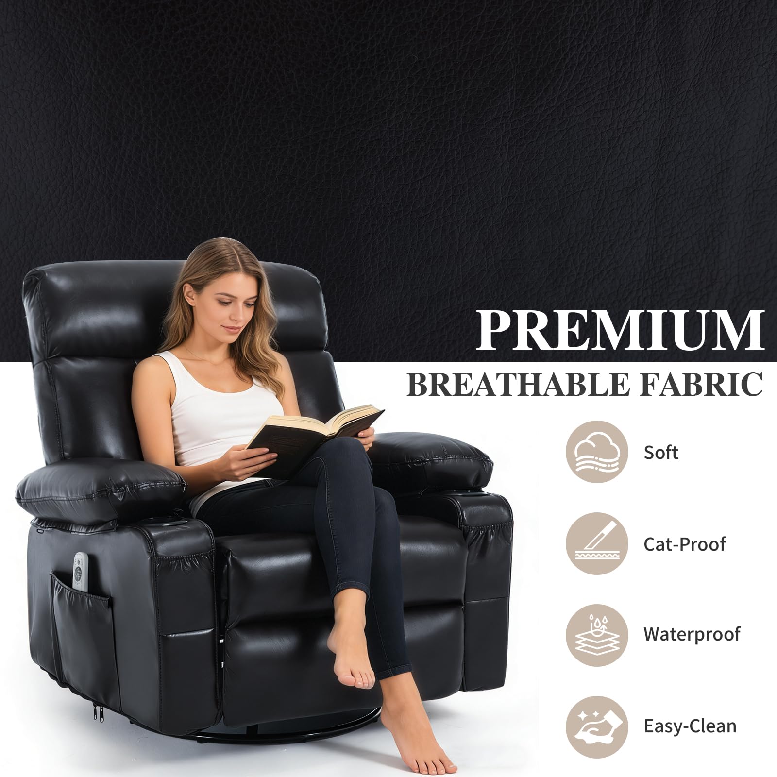 Recliner Chair with Heat and Massage, 360° Swivel Rocking Recliner for Adult, Overstuffed Armrest Faux Leather Manual Recliner with Cup Holders,Black