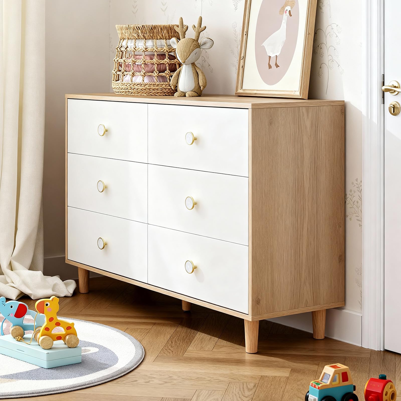 White 6 Drawer Dresser with Solid Wood Legs