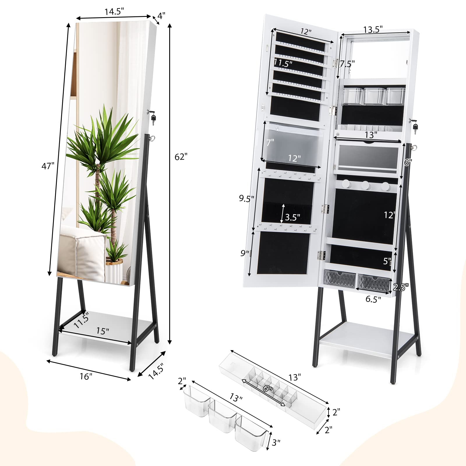 Standing Jewelry Armoire with Full Length Mirror and LED Lights
