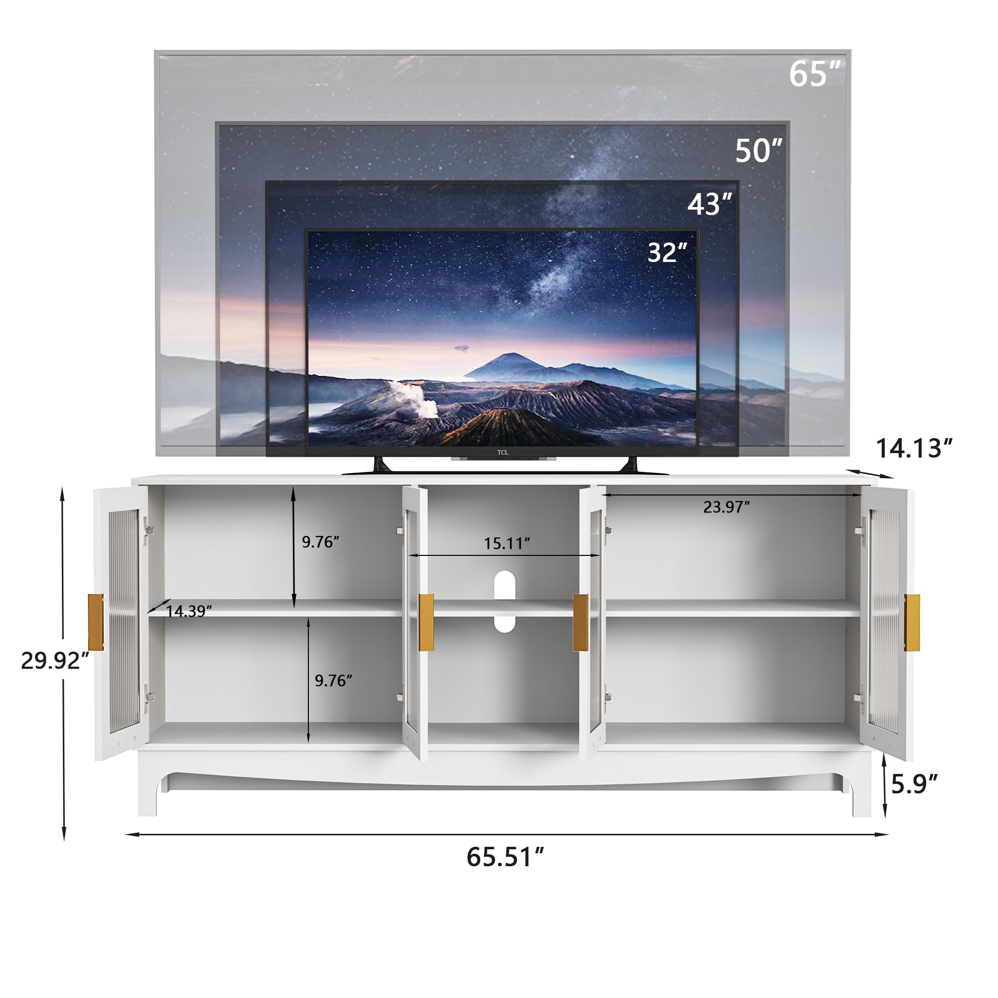 65 Inch White TV Stand with Glass Door Storage Cabinet