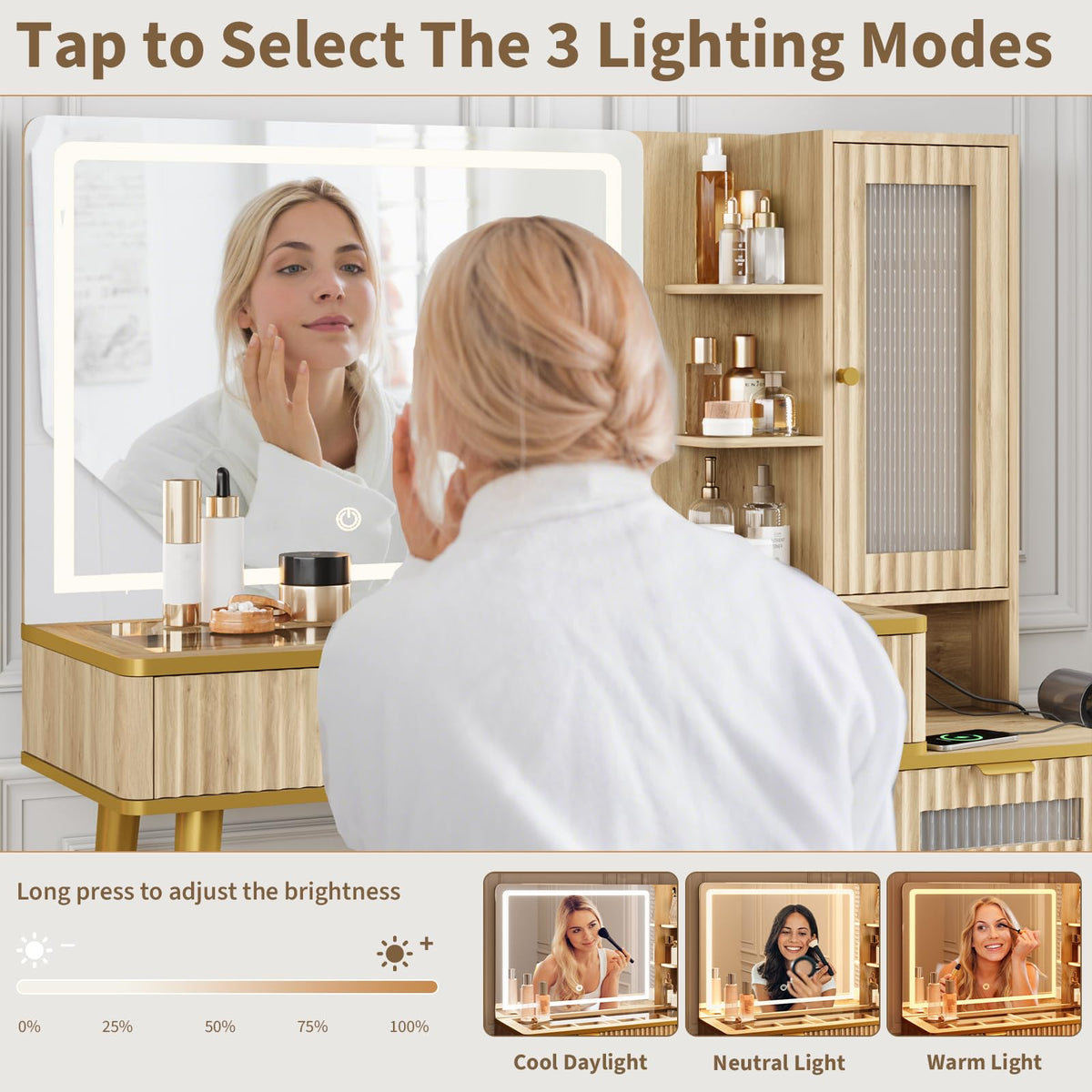 48" Fluted Makeup Vanity Desk with Mirror and Lights