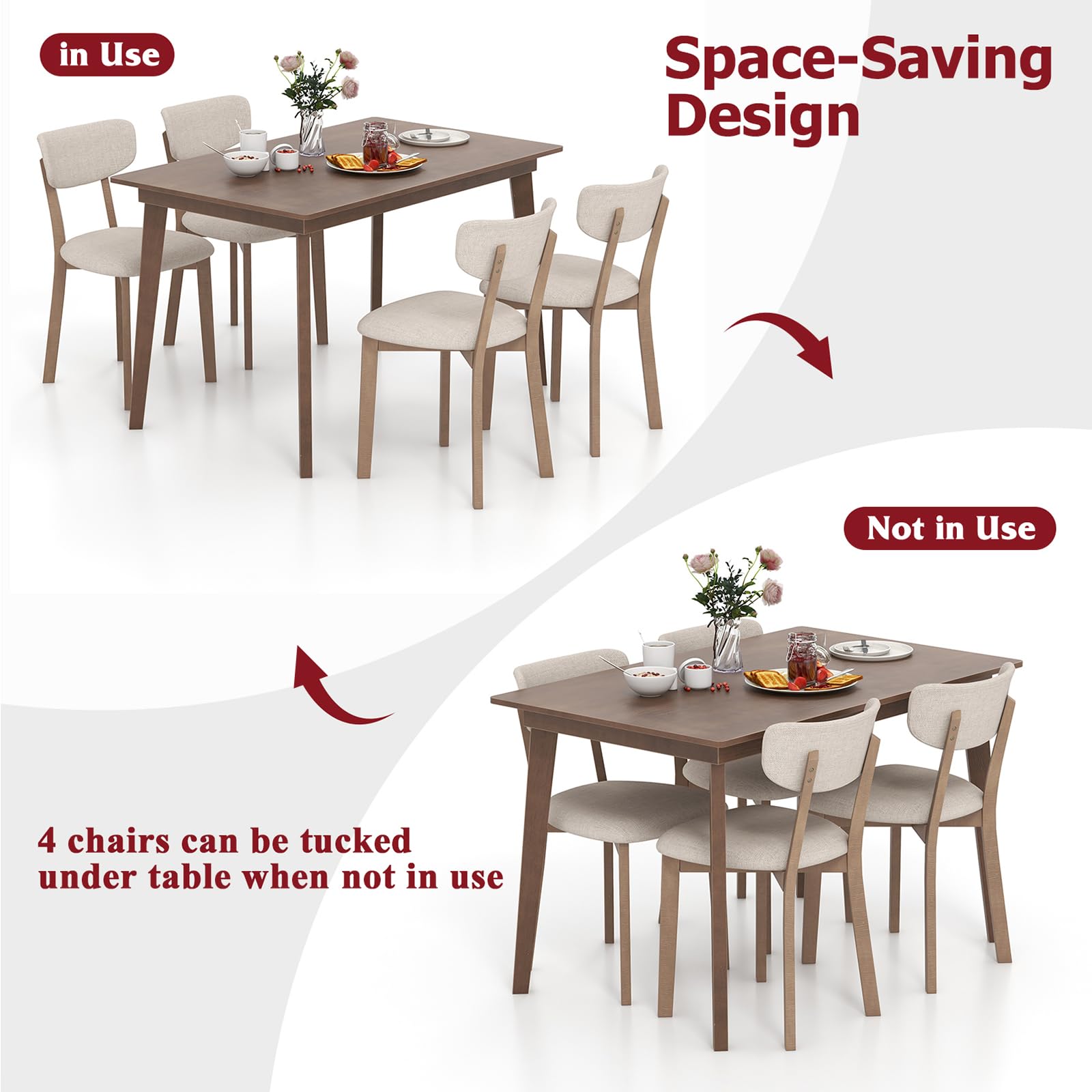 5-Piece Dining Table Set for 4 with Padded Chairs