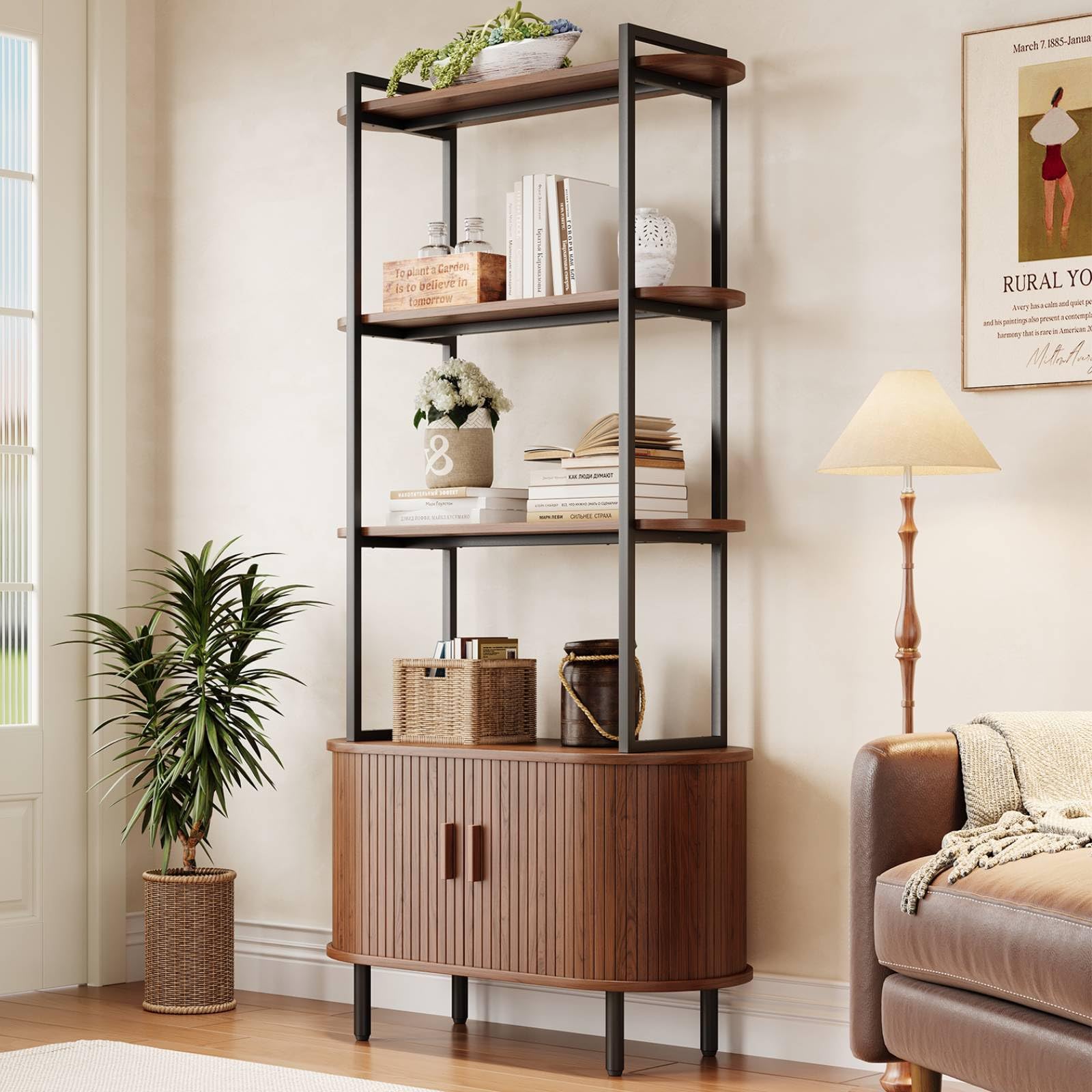 71" Tall Fluted Bookshelf with Sliding Tambour Doors
