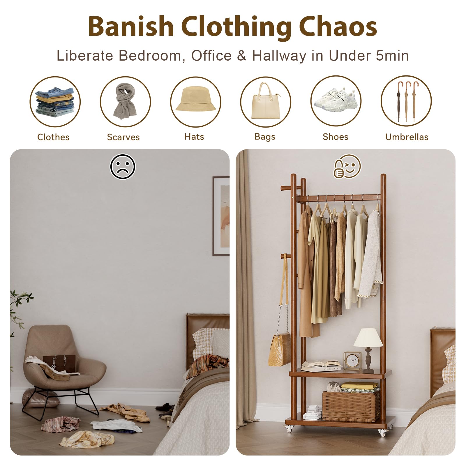 Freestanding Coat Rack with Wheels and Storage Shelves