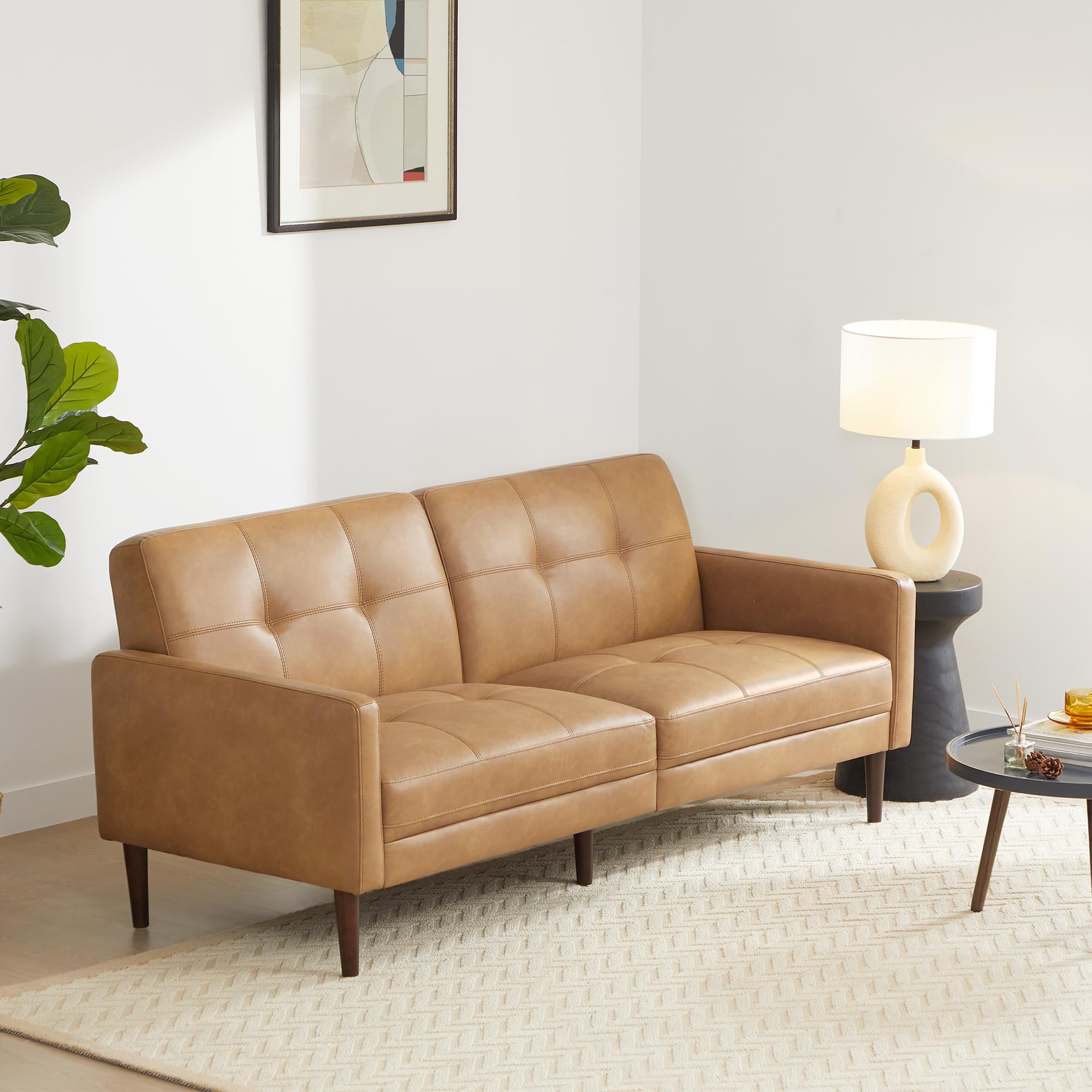 Mid-Century Faux Leather Sofa 73" Brown
