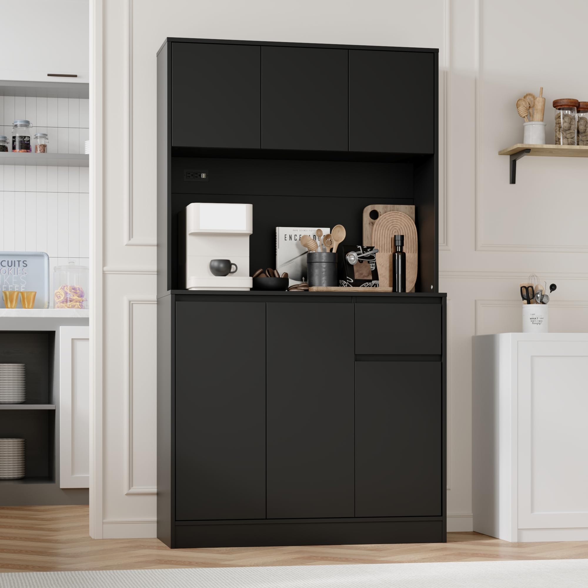 Tall Kitchen Pantry Cabinet with Power Outlet