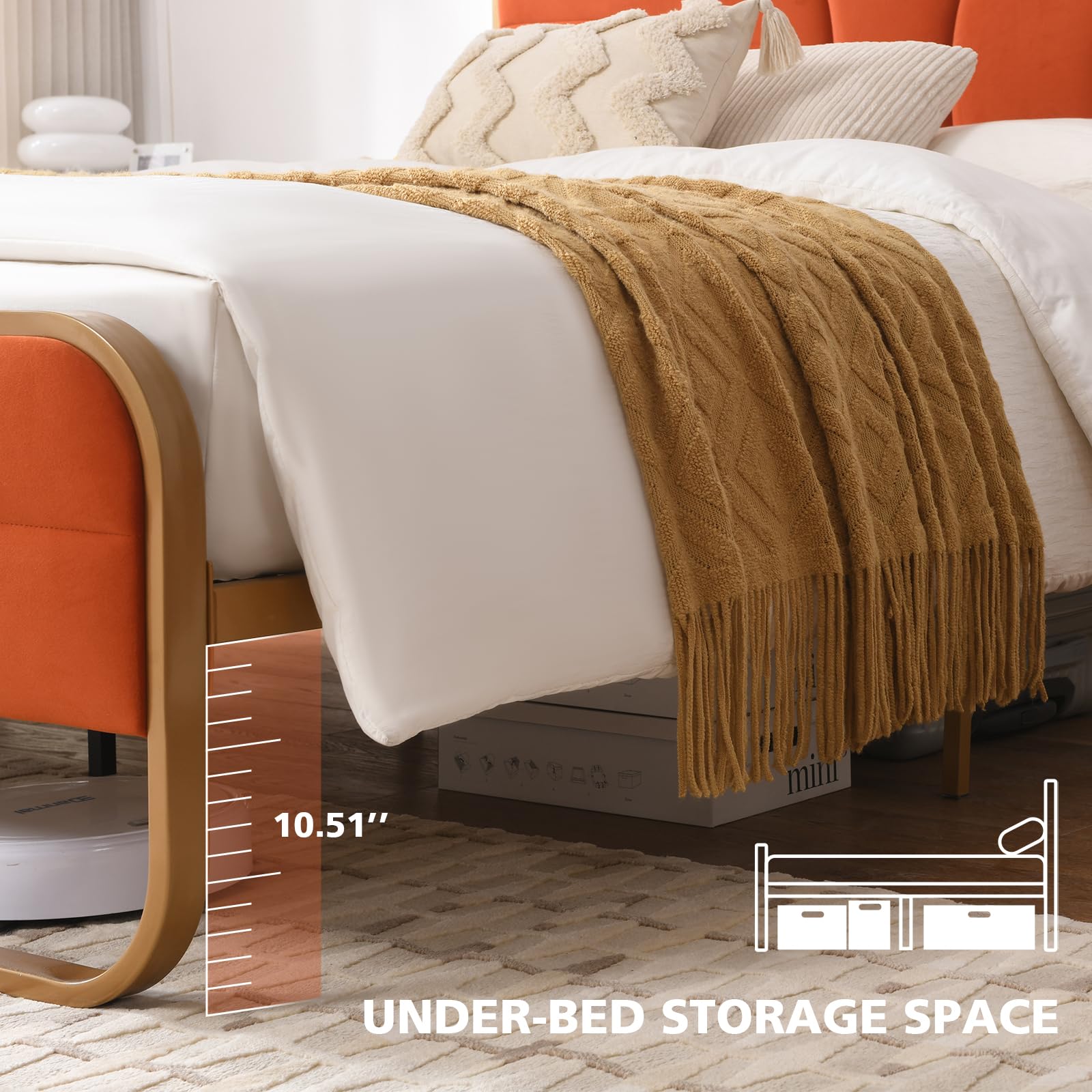 Full Size Velvet Upholstered Platform Bed with Rounded Metal Frame