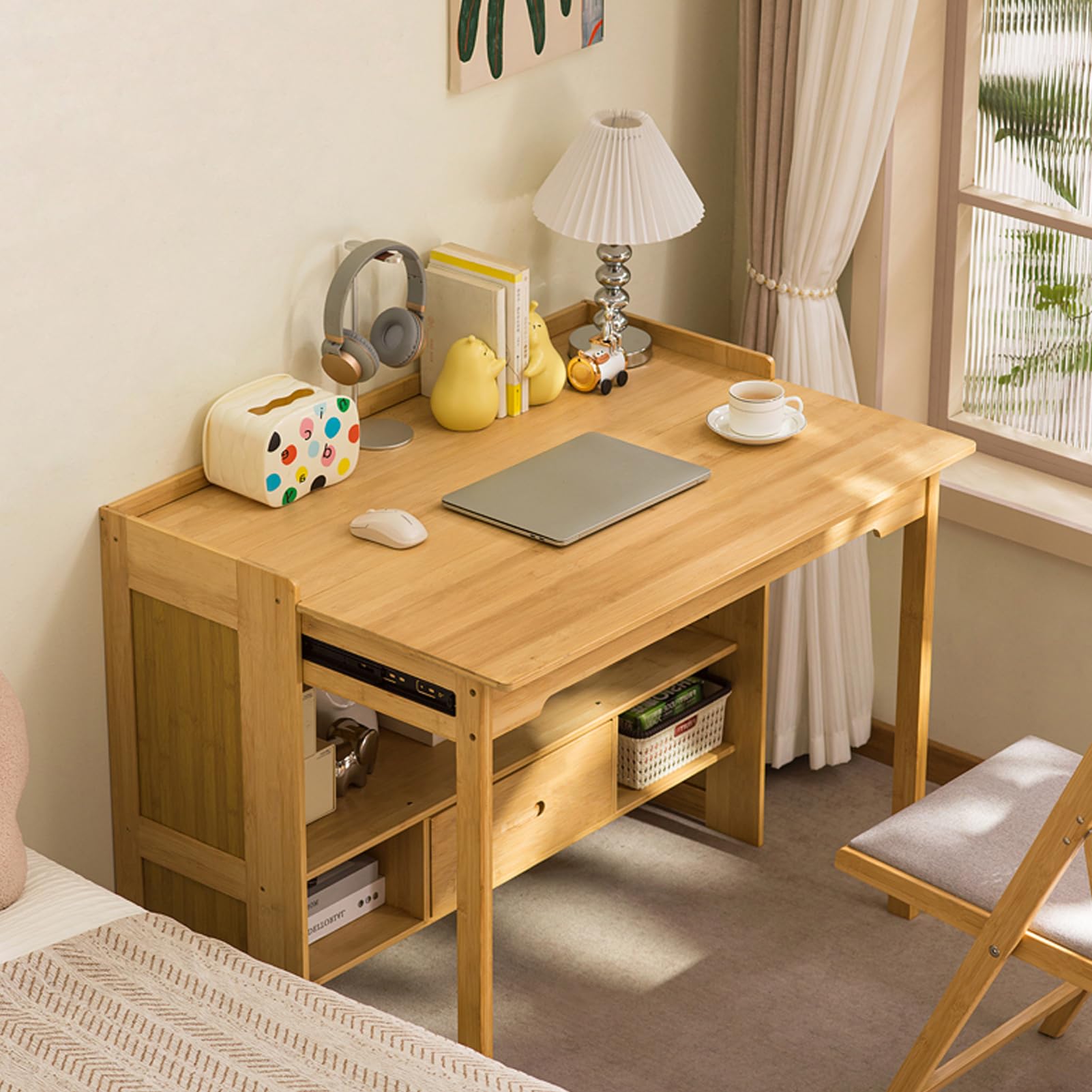 Bamboo Folding Desk with Bookshelf and Drawer