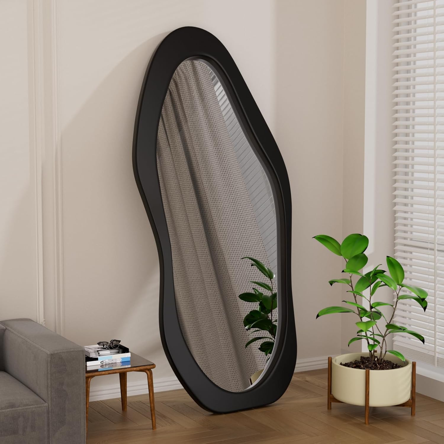 Irregular Wavy Full Length Mirror White Wooden Frame
