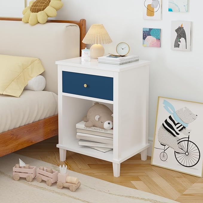 White Nightstand with Drawer and Storage Shelf