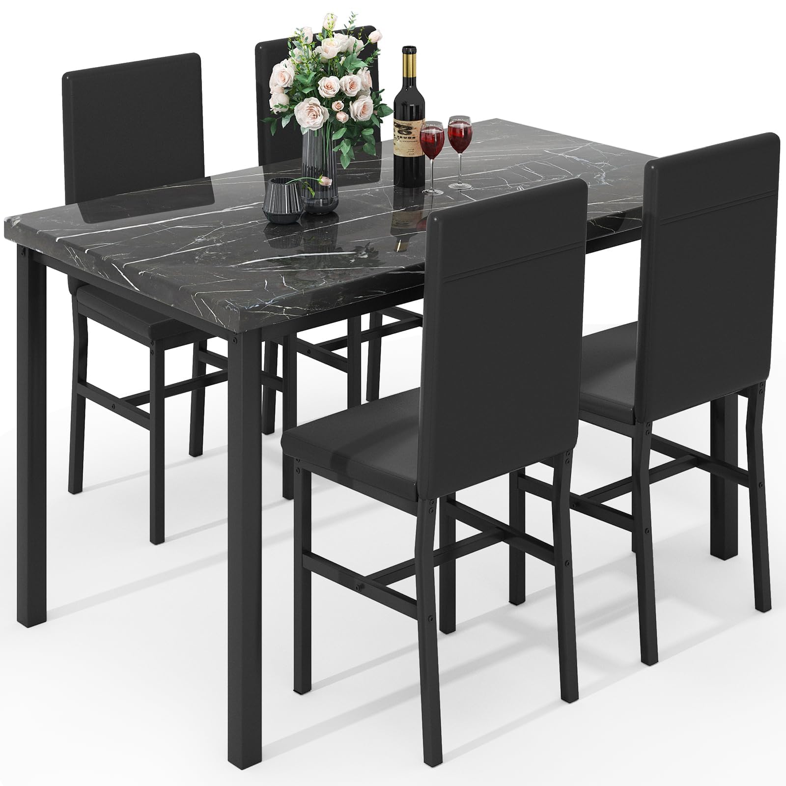 5-Piece Faux Marble Dining Table Set with 4 Chairs