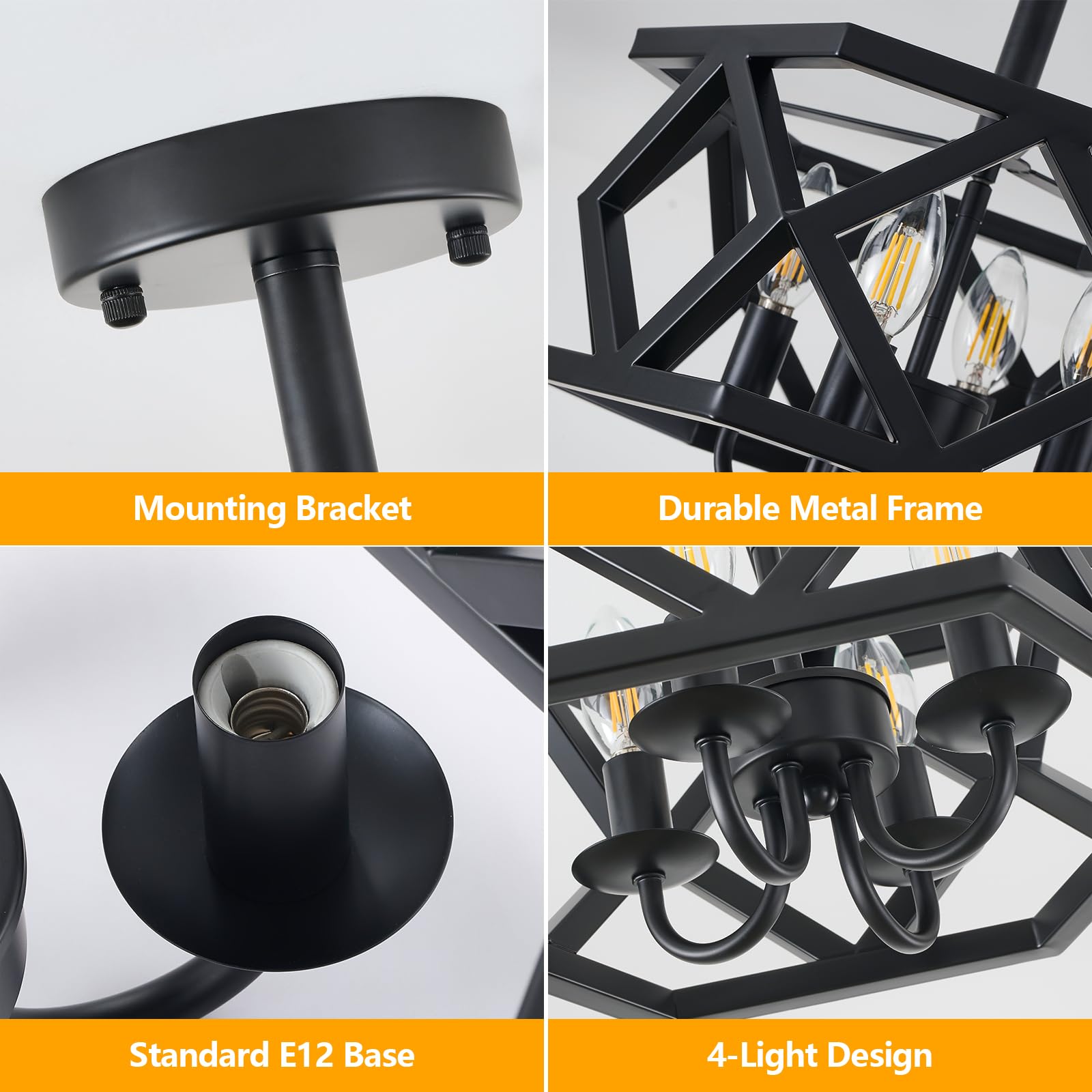 Black Semi Flush Mount Ceiling Light 4-Light Farmhouse Chandelier