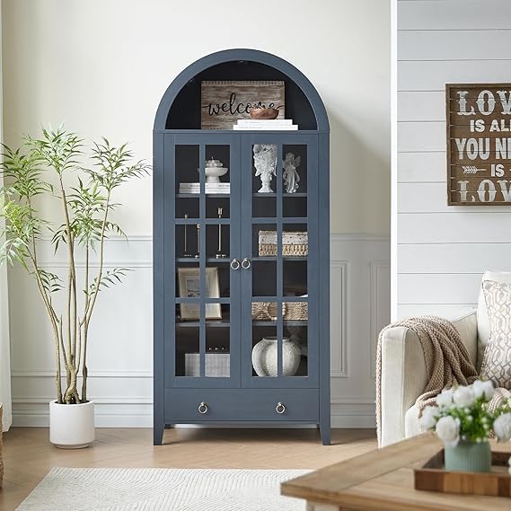 Arched Cabinet with Glass Doors and Adjustable Shelves
