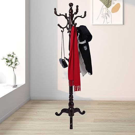 Freestanding Wooden Coat Rack with 18 Hooks