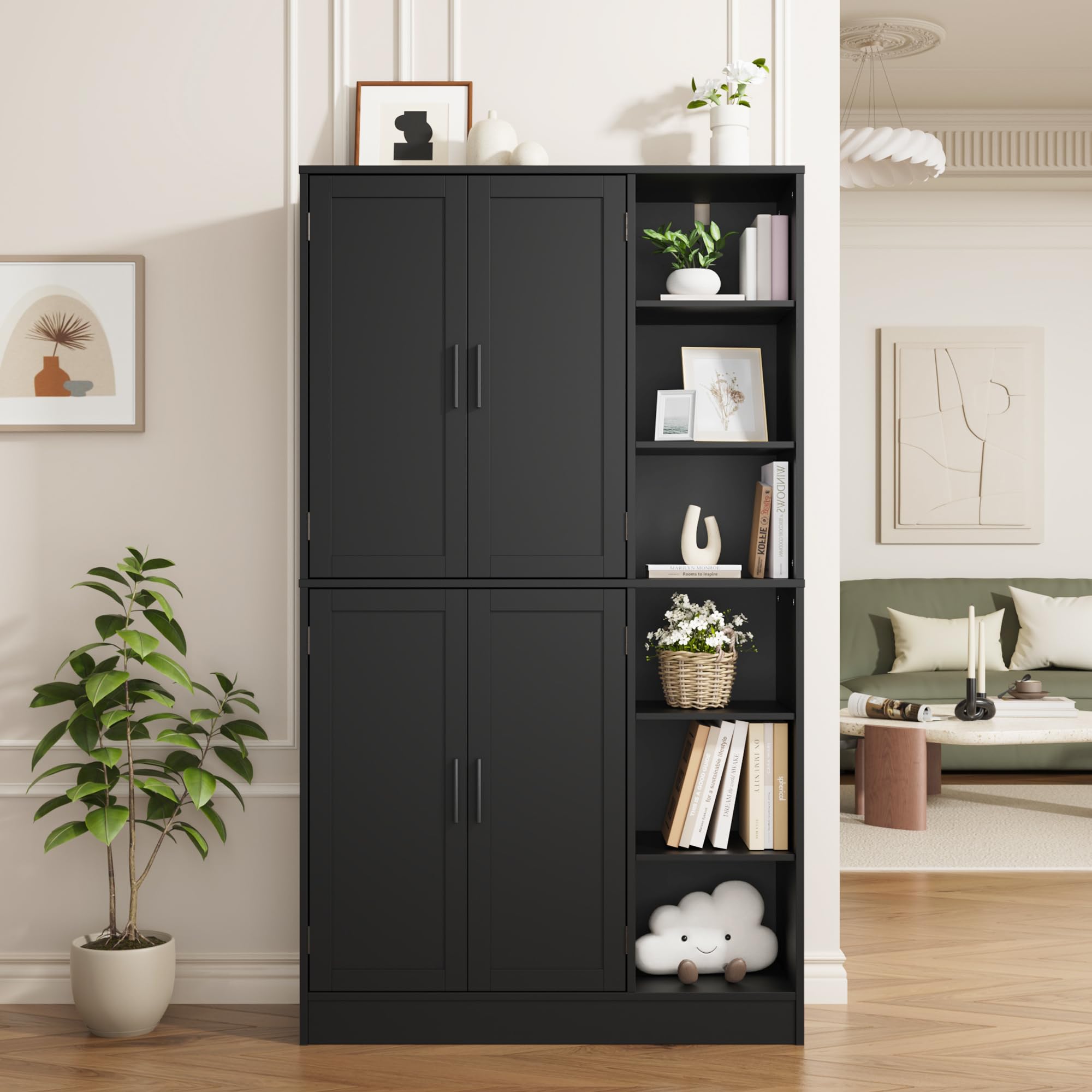 63" Tall Black Kitchen Pantry Storage Cabinet