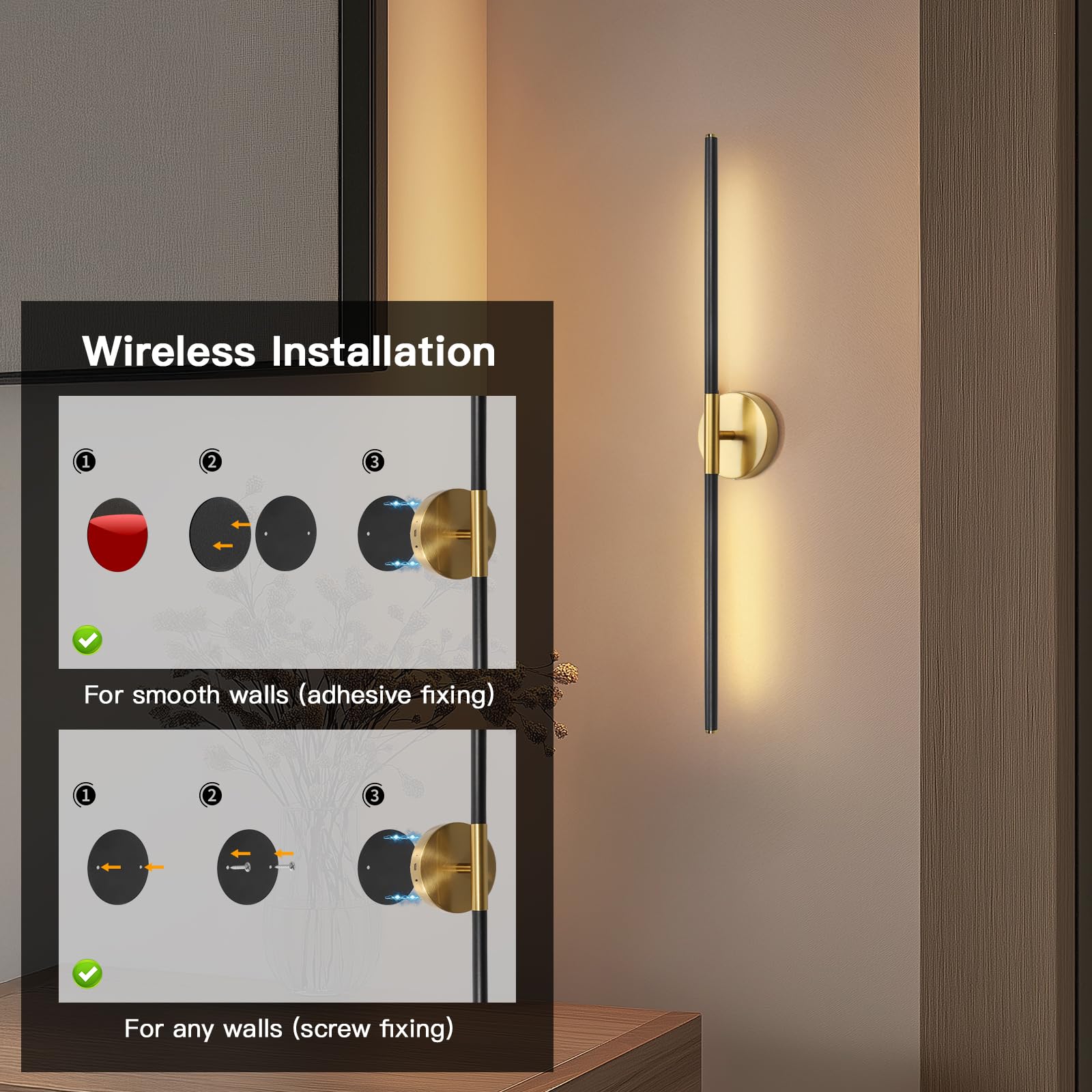 Battery Operated Wall Sconces Set of 2 - Rechargeable Wireless LED