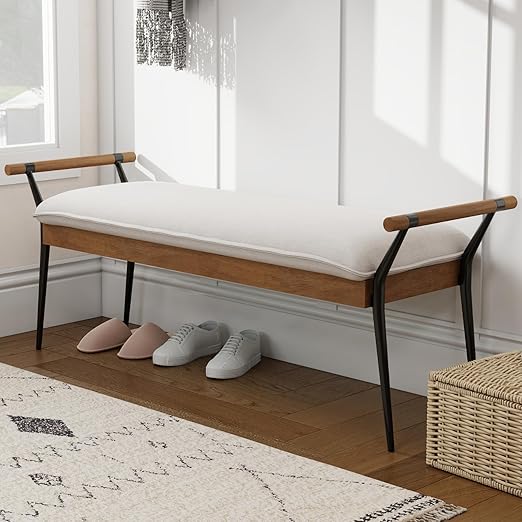 Modern Rectangle Ottoman Bench with Arms and Metal Legs