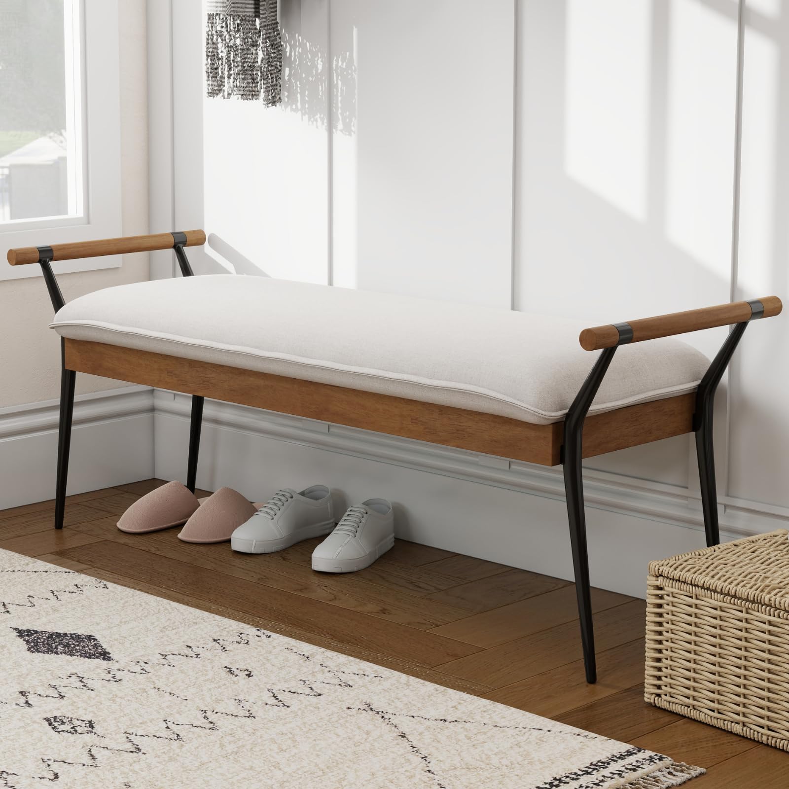 Modern Rectangle Ottoman Bench with Arms and Metal Legs