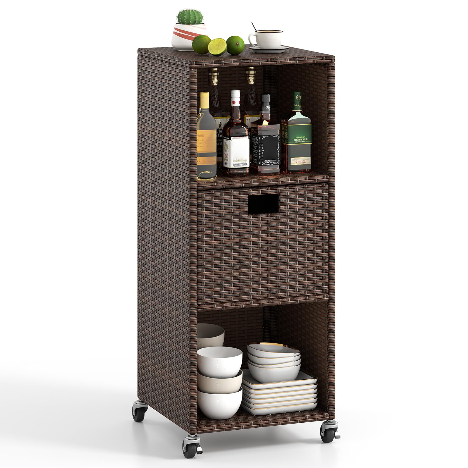 Rattan Outdoor Storage Cabinet with 3 Shelves and Drawer