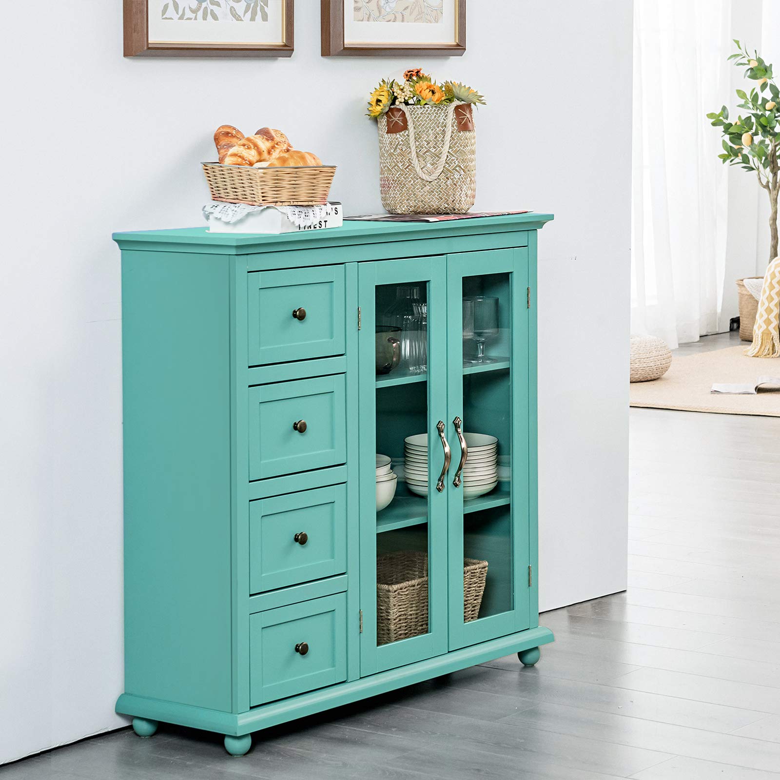 Buffet Sideboard with 4 Drawers and Glass Doors