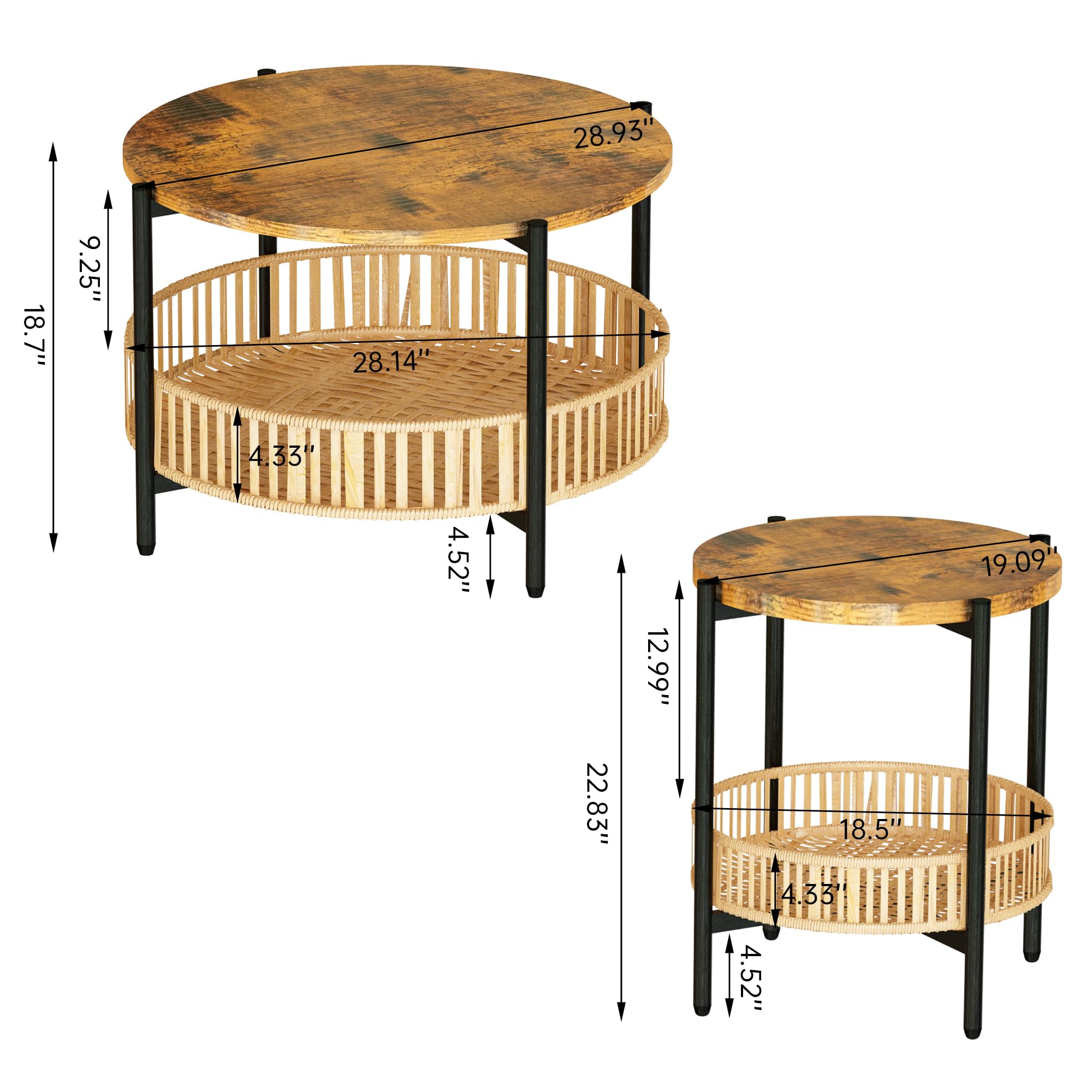 3-Piece Coffee Table Set with Rattan Storage Shelf