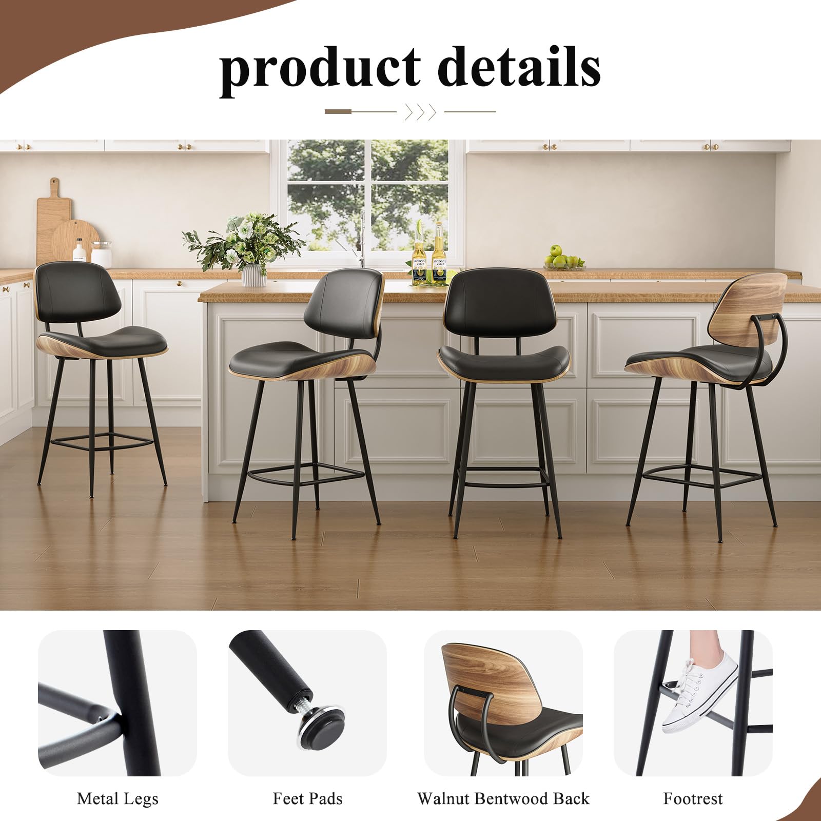 Mid Century Modern Barstool Set of 2 - PU Leather Counter Height Stools with Walnut Bentwood Back