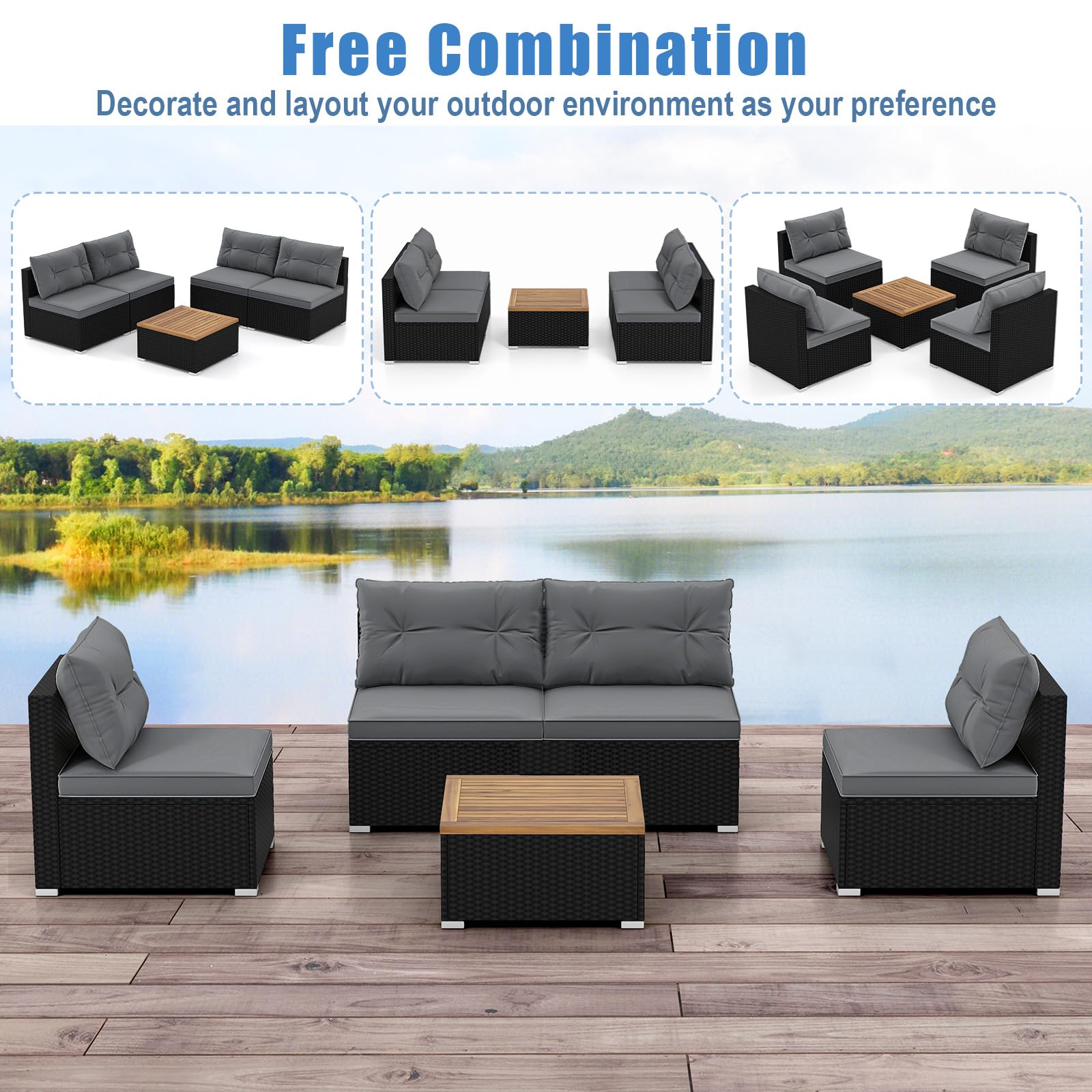 5-Piece PE Rattan Outdoor Sectional Set with Acacia Wood Coffee Table
