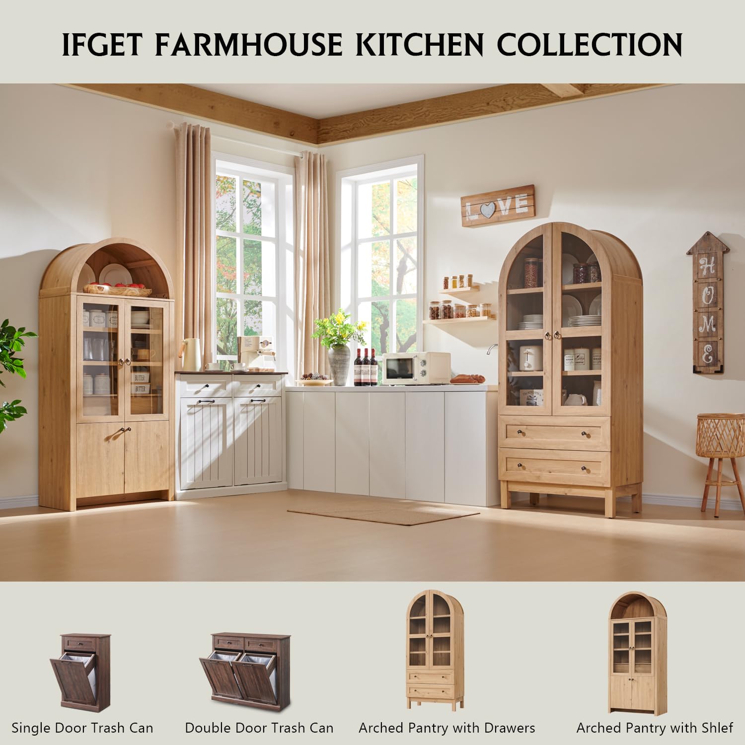 Tall Arched Kitchen Pantry Cabinet with Drawers