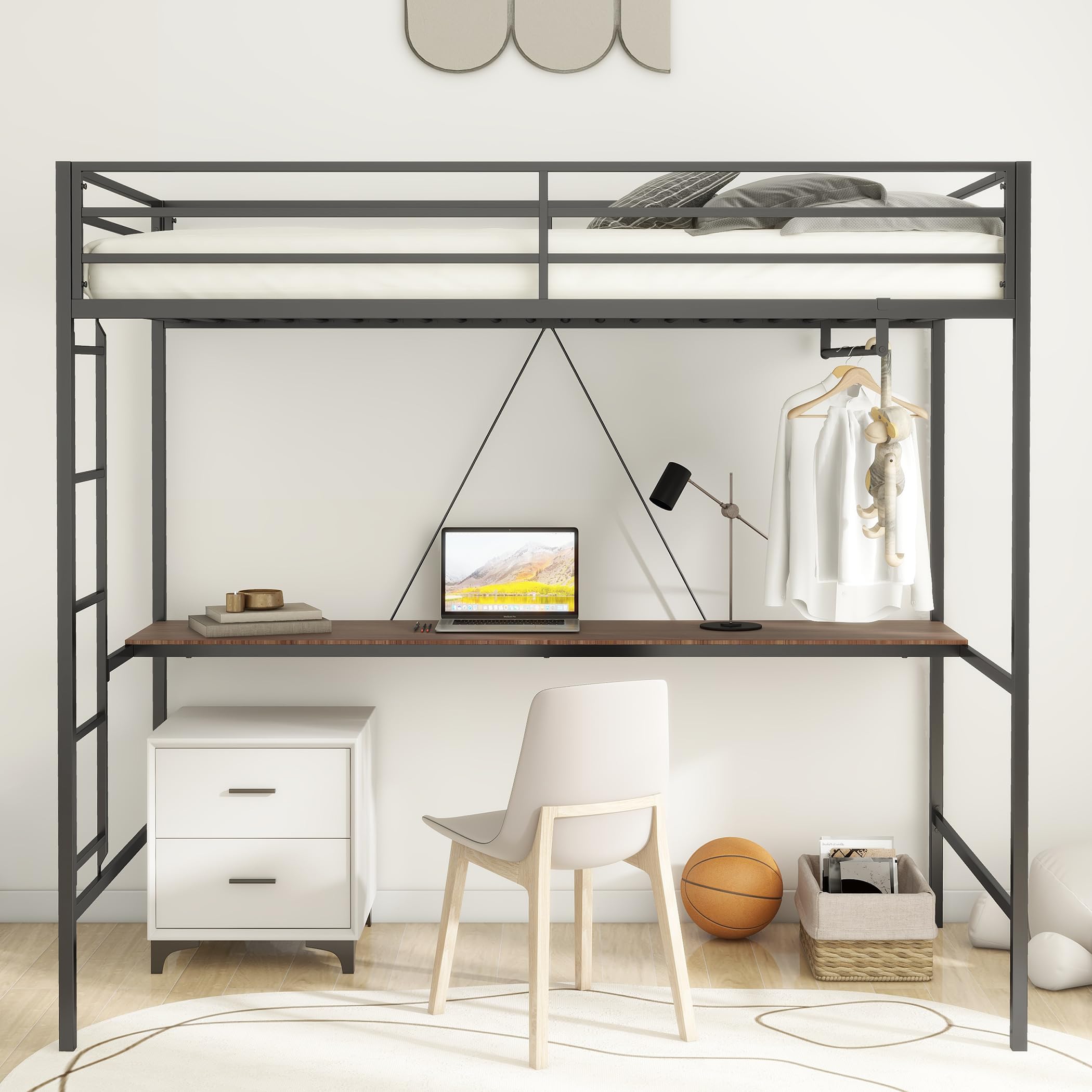 Twin Metal Loft Bed with Ladder and Guard Rails