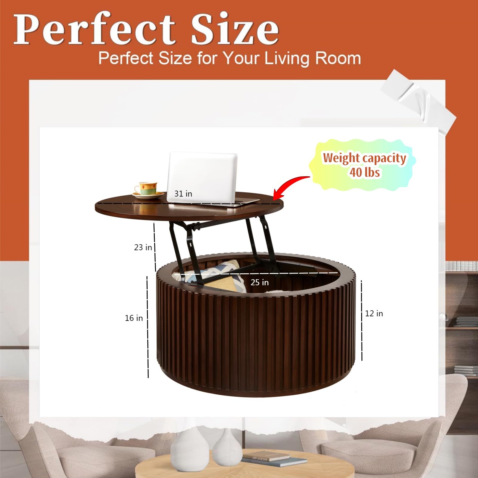 Round Lift Top Coffee Table with Storage and Hidden Compartment