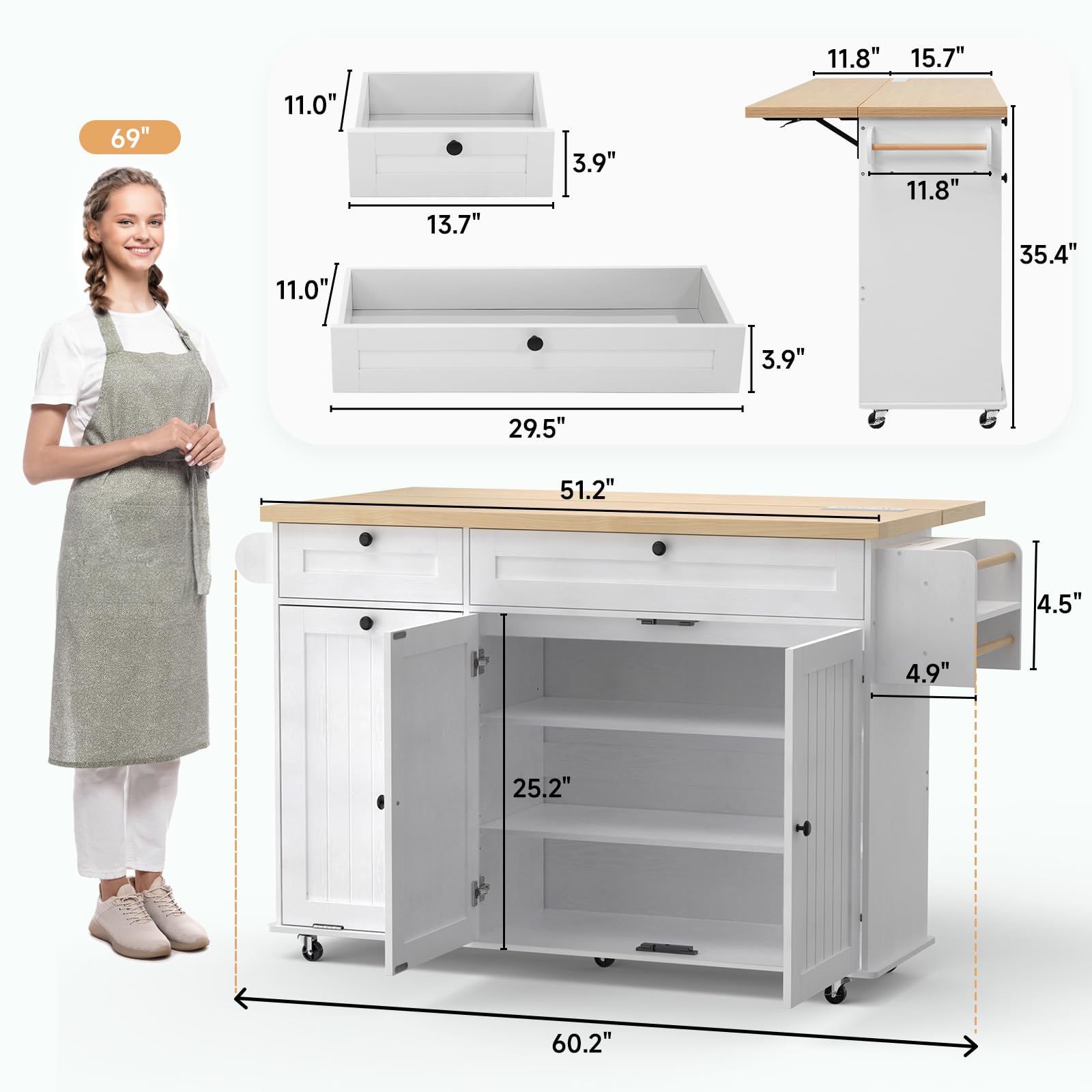 60" Kitchen Island with Power Outlet and Drop Leaf
