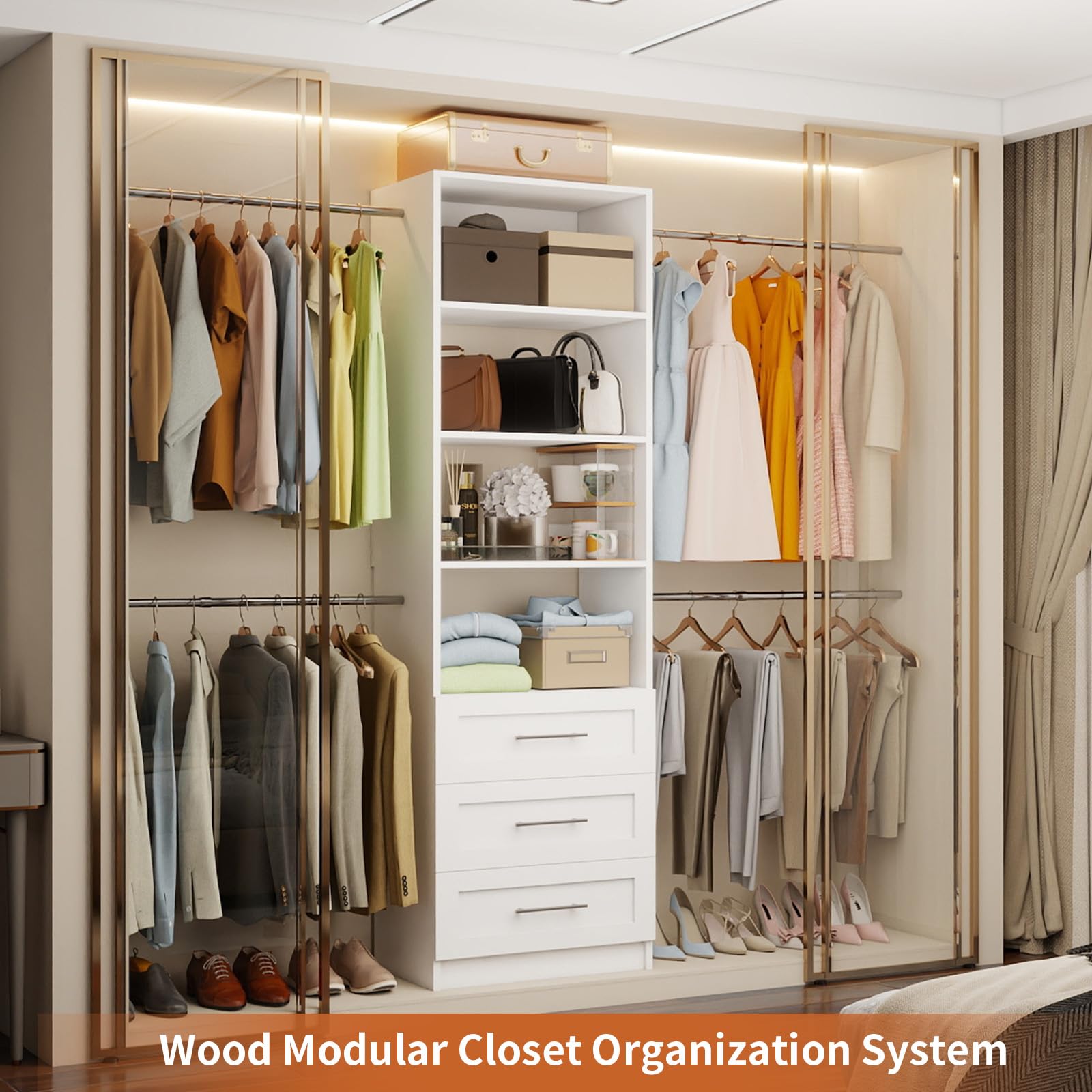 96-Inch Closet Organizer System with Drawers and Adjustable Shelves