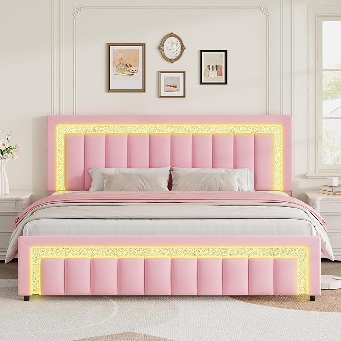Queen LED Bed Frame with Diamond Tufted Headboard