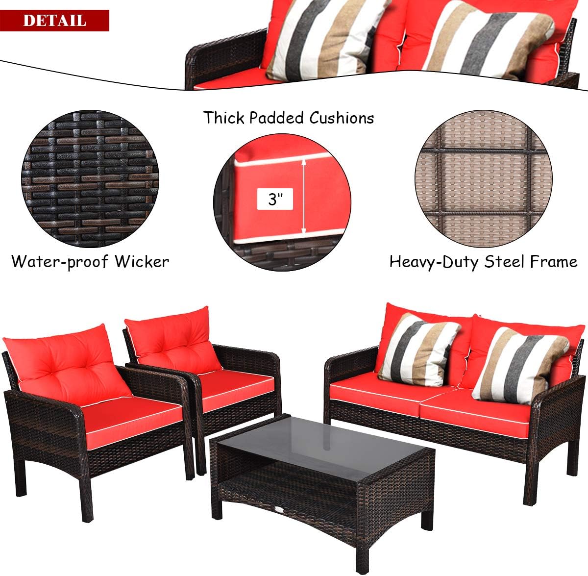 4 Piece Outdoor Patio Furniture Set with Glass Coffee Table