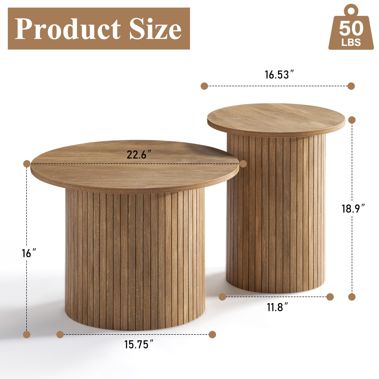 Nesting Coffee Table Set of 2 Mid Century Modern Round Wood Slat Side Tables