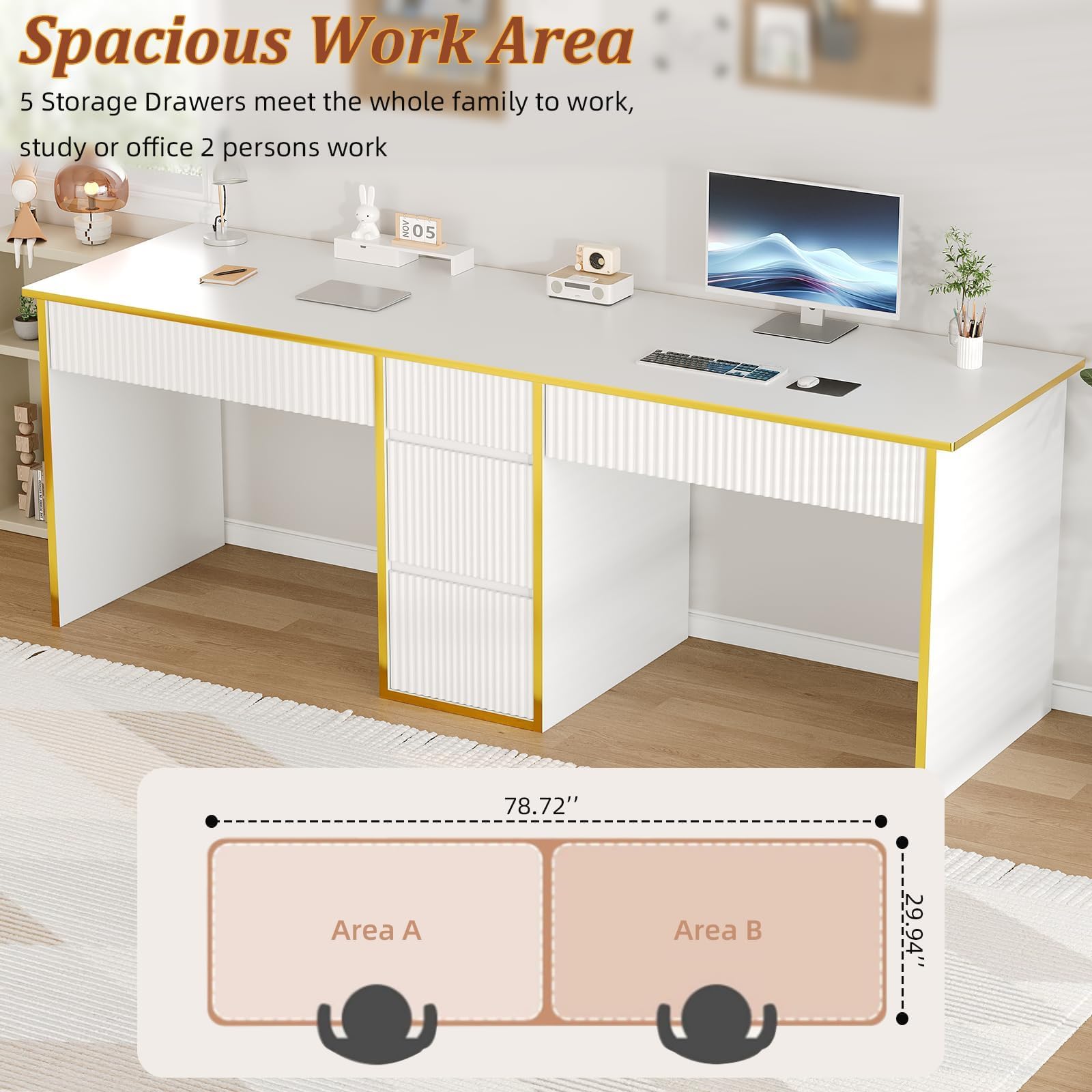 Two Person Desk with Drawers 78.72 Inch White Gold