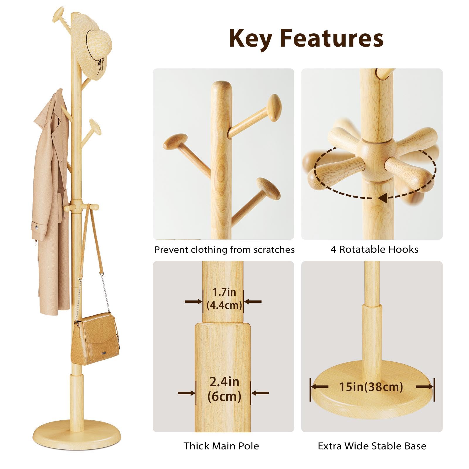 Solid Wood Coat Rack with 10 Hooks