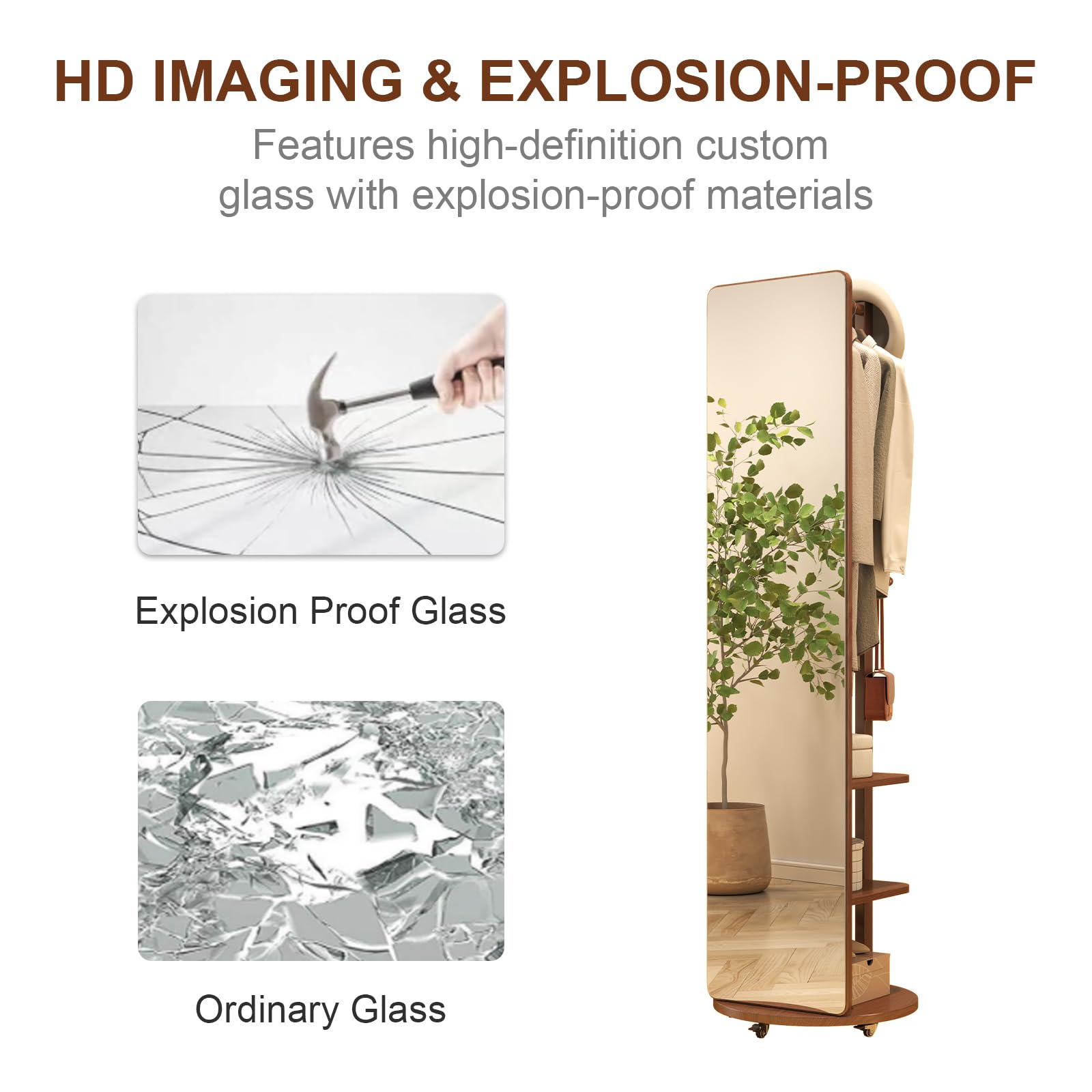 Solid Wood Full Length Mirror Coat Rack with Wheels