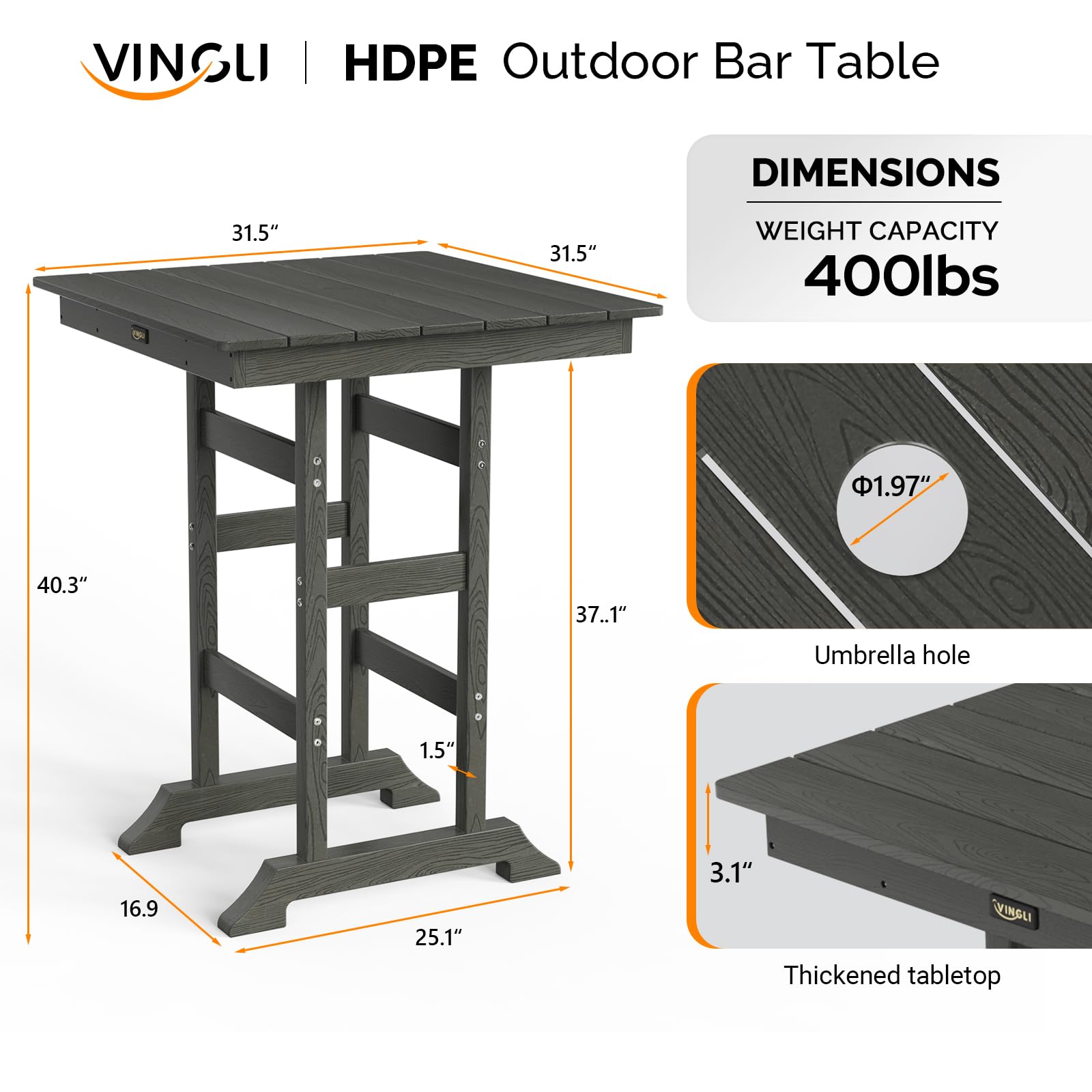 32" Square Outdoor Bar Table with Umbrella Hole
