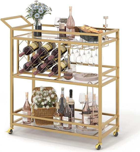 Gold Bar Cart with Wine Rack and Glass Holder