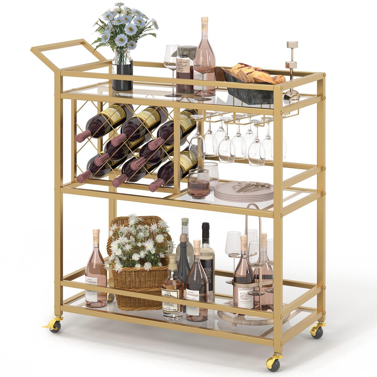 Gold Bar Cart with Wine Rack and Glass Holder